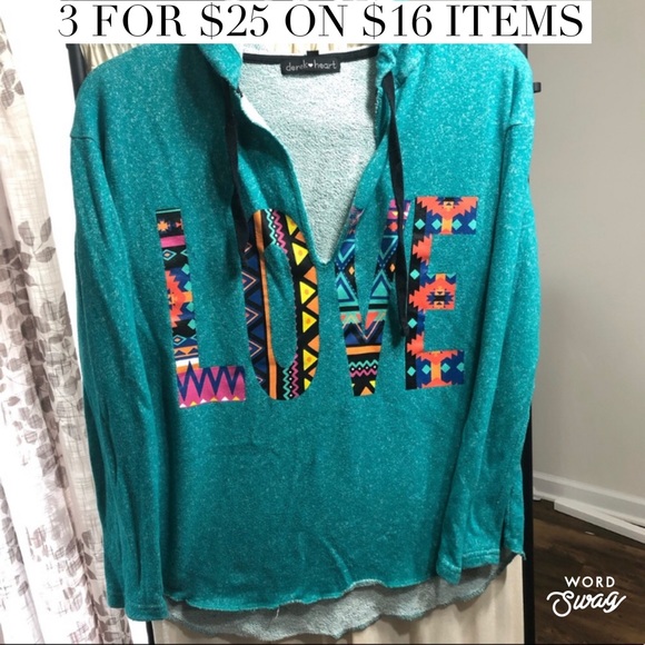 Derek Heart Tops - Blue Teal Hoodie Sweatshirt Love L Boho